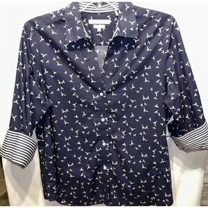 Foxcroft Button Up Top Size XL Cotton Navy Bird Print Easy Care Shirt 3/4 Sleeve